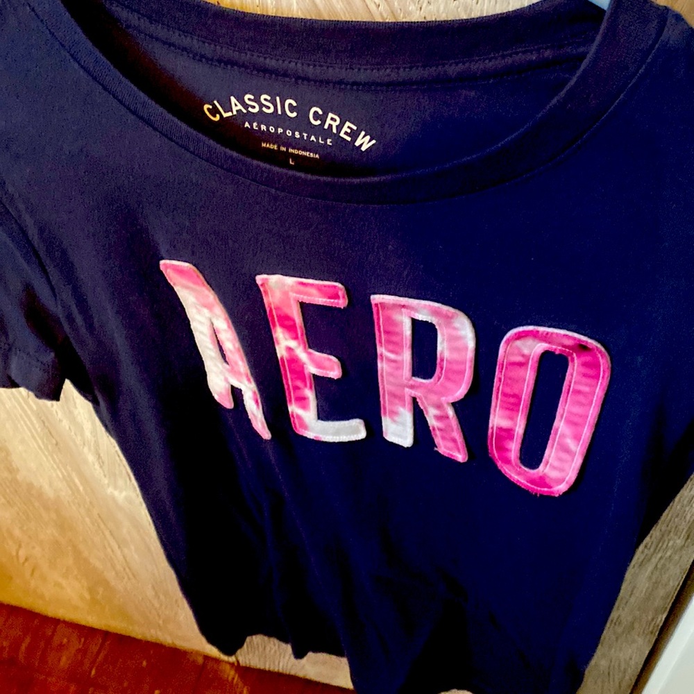 Dark blue Aero ,short sleeve T-shirt .purple tie die letters. Child’s size large